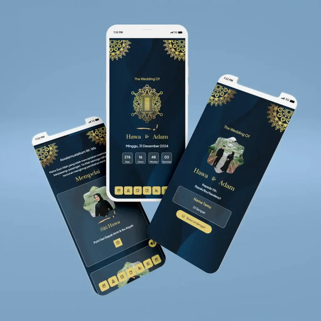 Template undangan pernikahan digital bergaya Aceh dengan motif mandala biru emas, menampilkan nama pasangan Hawa & Adam, countdown, dan tombol RSVP.