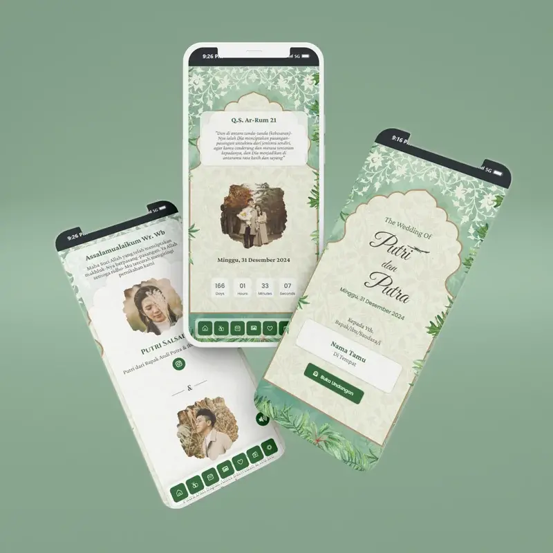 Template undangan pernikahan digital dengan desain elegan berwarna hijau muda dan putih, menampilkan tampilan di tiga perangkat ponsel. Desain mencakup foto pasangan, kutipan Al-Qur'an, hitung mundur acara, dan form untuk nama tamu.