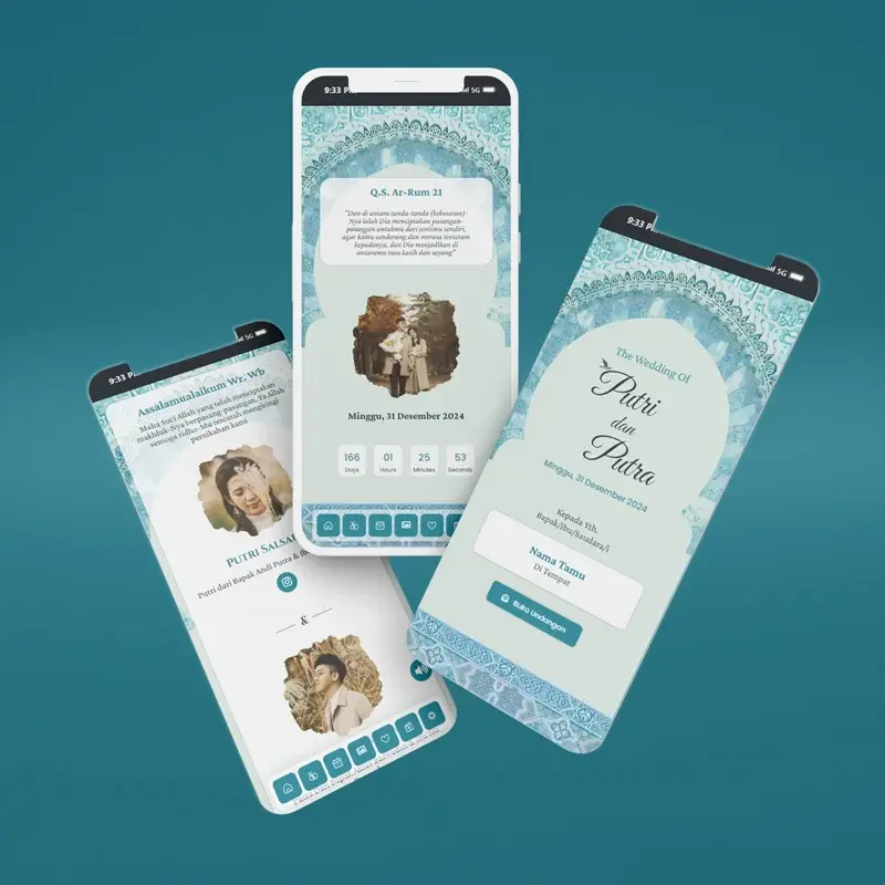 Undangan digital bertema Islami dengan latar biru muda dan tampilan tiga layar: halaman utama, profil mempelai, dan form RSVP.