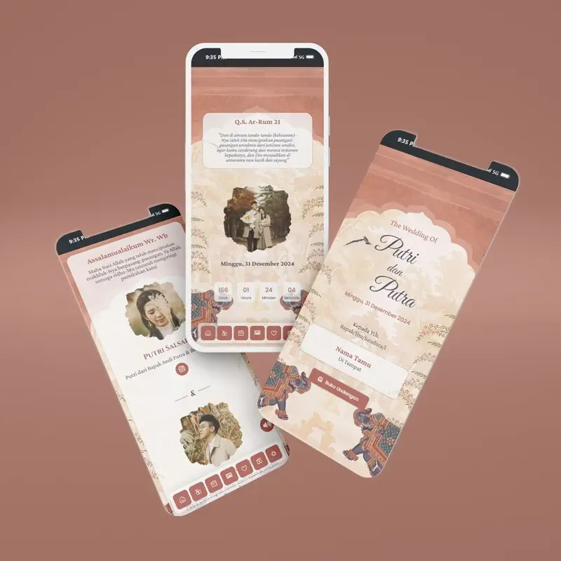 Undangan digital vintage dengan warna coklat muda, motif batik, dan tampilan halaman utama, info pasangan