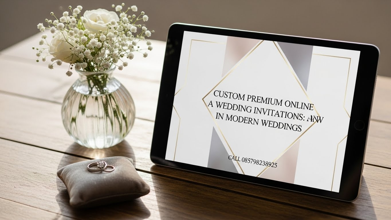 Romantic wedding card mockup with calligraphy, greenery, and soft tones displayed on laptop and phone