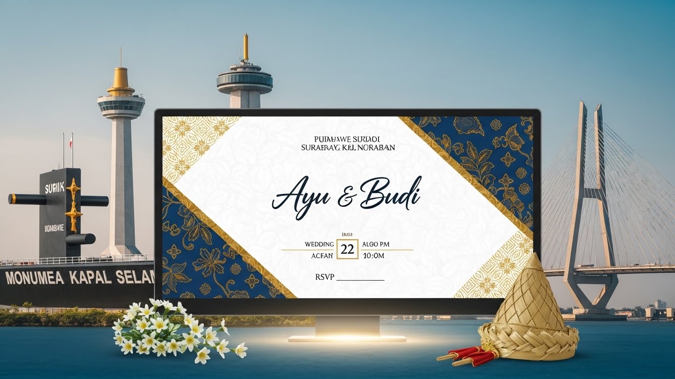 Komposisi flatlay undangan pernikahan dengan kelopak bunga dan cincin emas