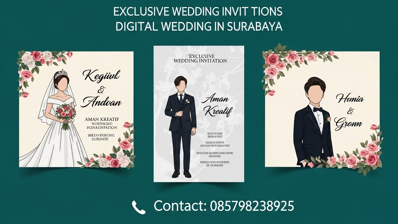 Ilustrasi pasangan pengantin dengan gaun putih dan bunga mawar di undangan digital