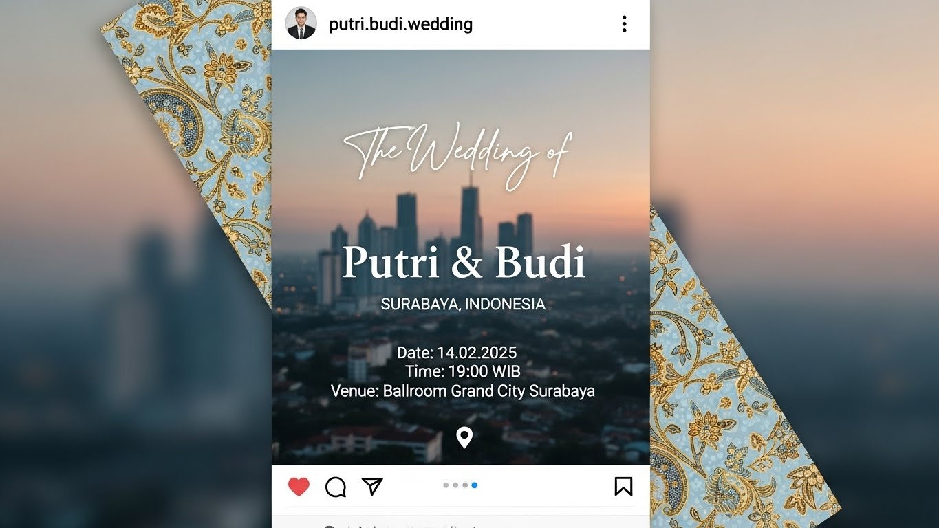 Mockup undangan nikah dengan detail pita satin & kelopak bunga di meja marmer