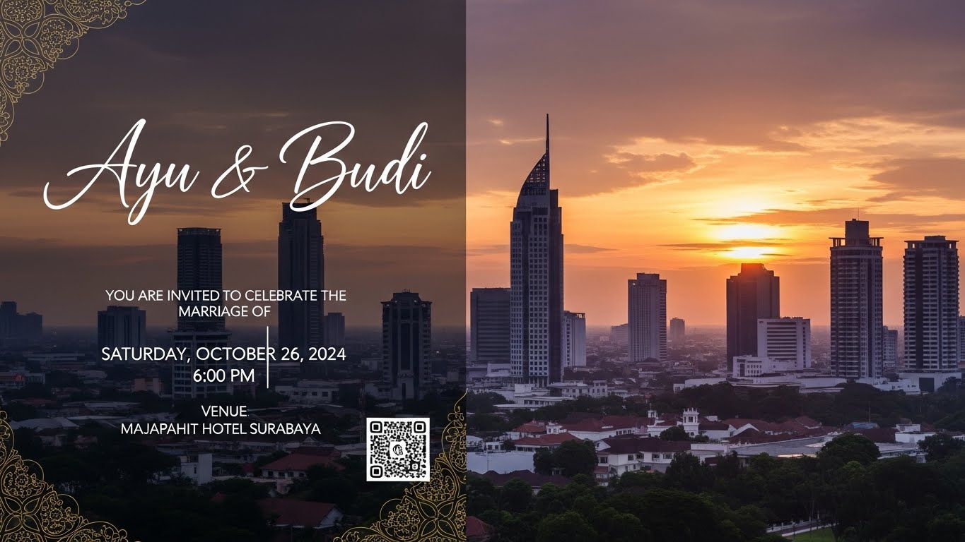 Undangan digital dengan nomor kontak dan QR code di sudut