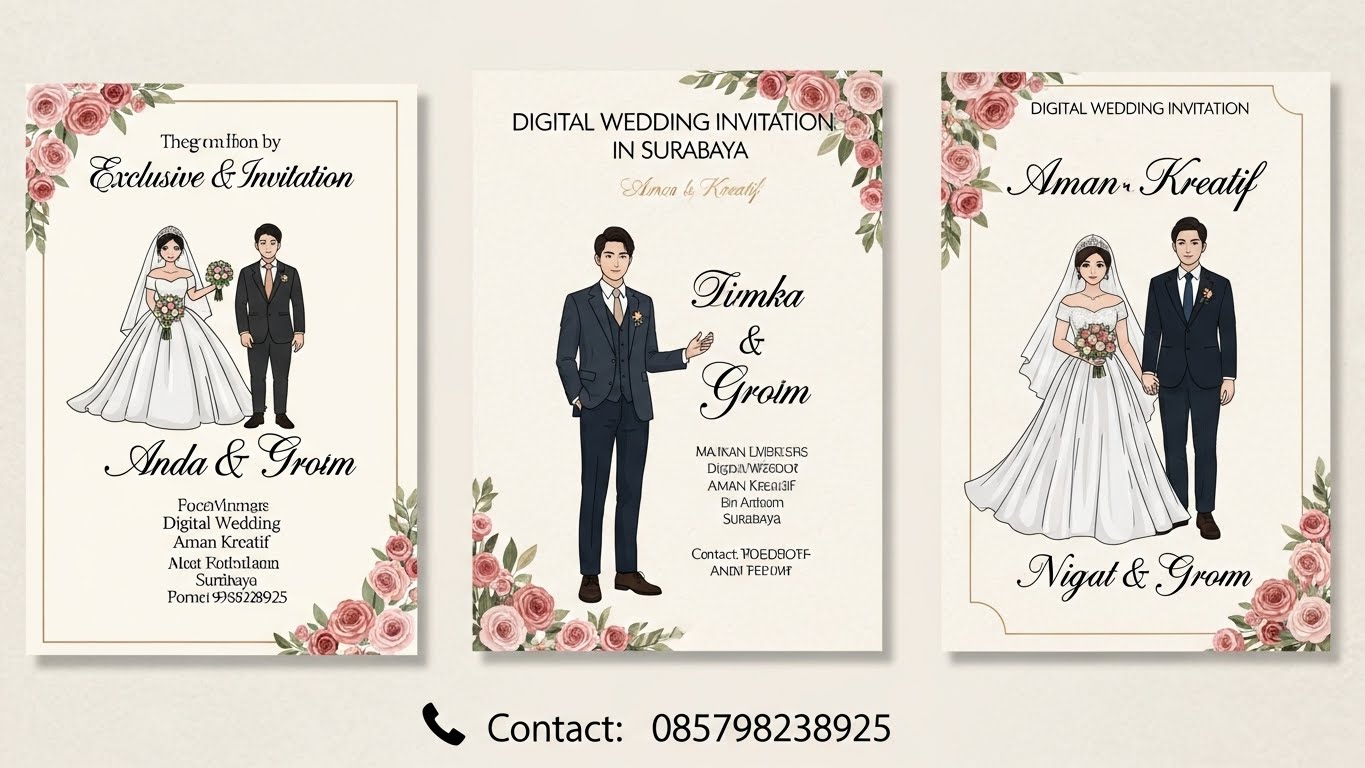 Desain undangan pernikahan digital oleh Aman Kreatif dengan gaya ilustrasi karakter