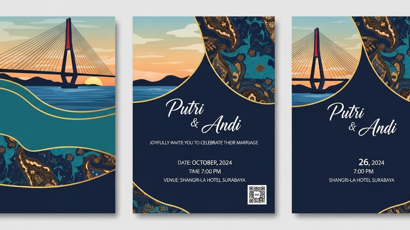 Komposisi flat lay undangan pernikahan dengan aksen cincin emas & bunga putih