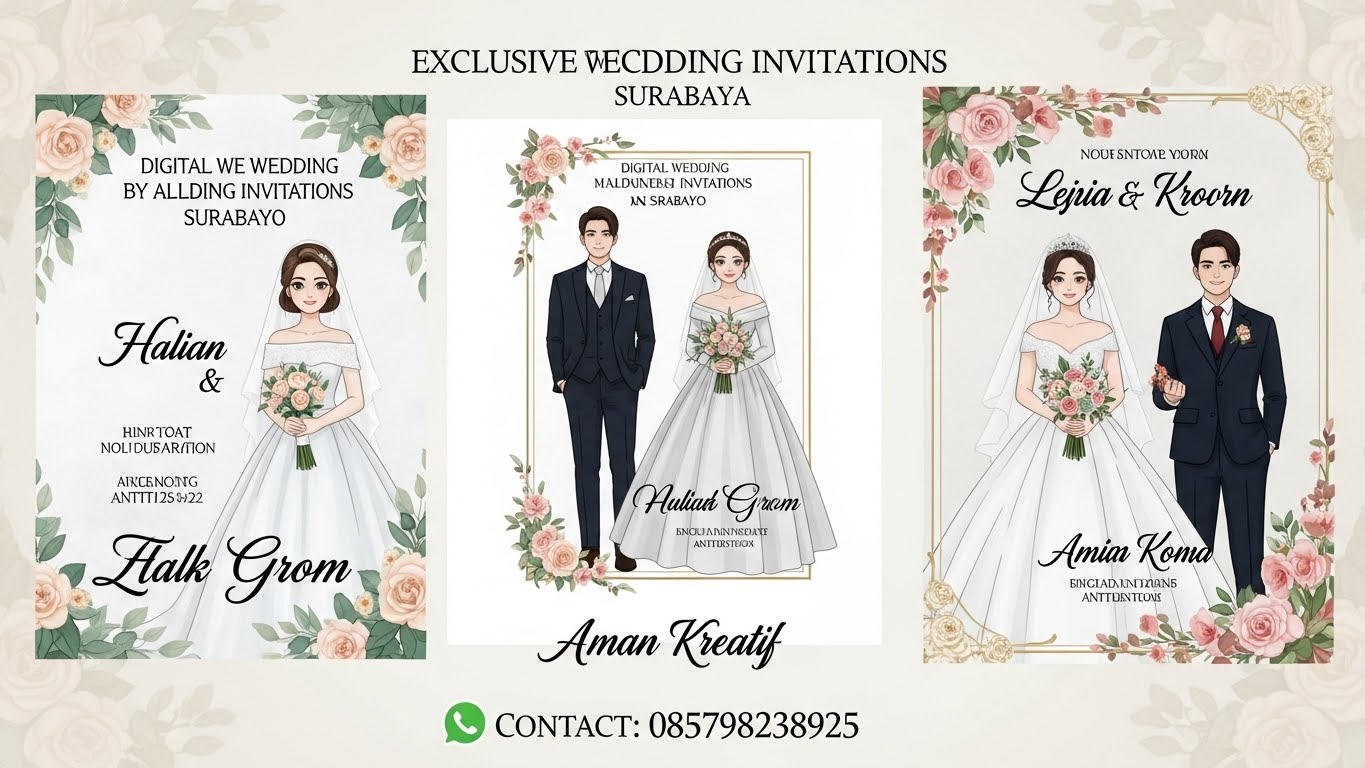 Undangan pernikahan hitam elegan dengan ilustrasi pengantin dan aksen floral
