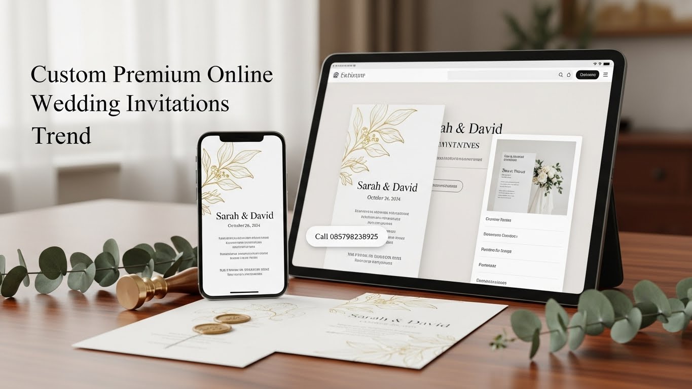 Soft pink peonies frame a digital wedding invite on laptop, paired with mobile preview and scattered petals