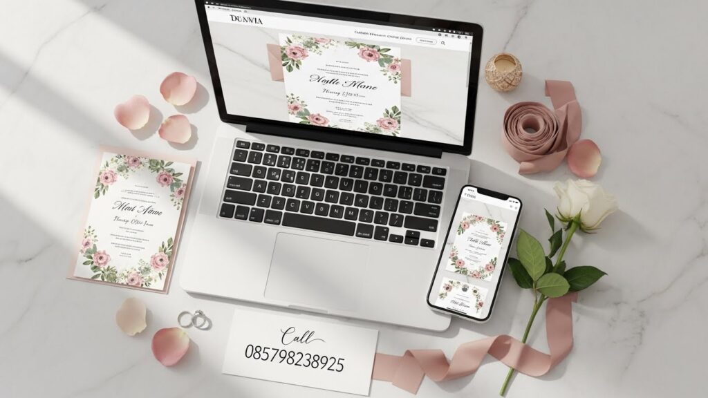 Digital wedding invite mockup with blush florals on laptop & phone, surrounded by rose petals and ribbon