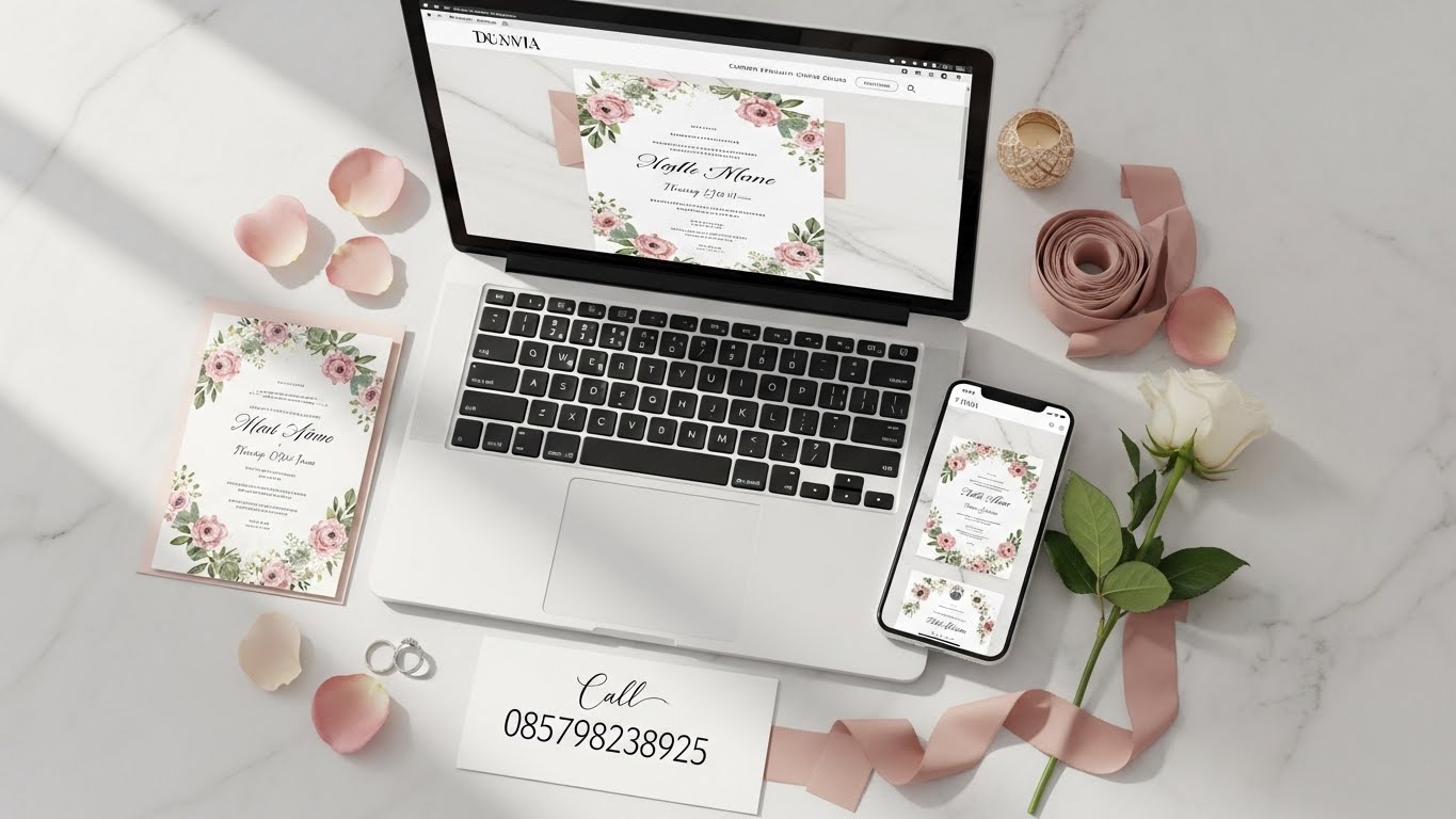 Digital wedding invite mockup with blush florals on laptop & phone, surrounded by rose petals and ribbon
