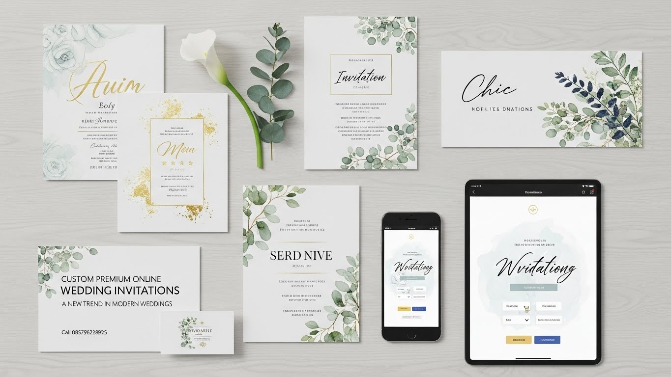 Wedding invitation design preview on multiple devices with pastel ribbon, white rose, and engagement rings