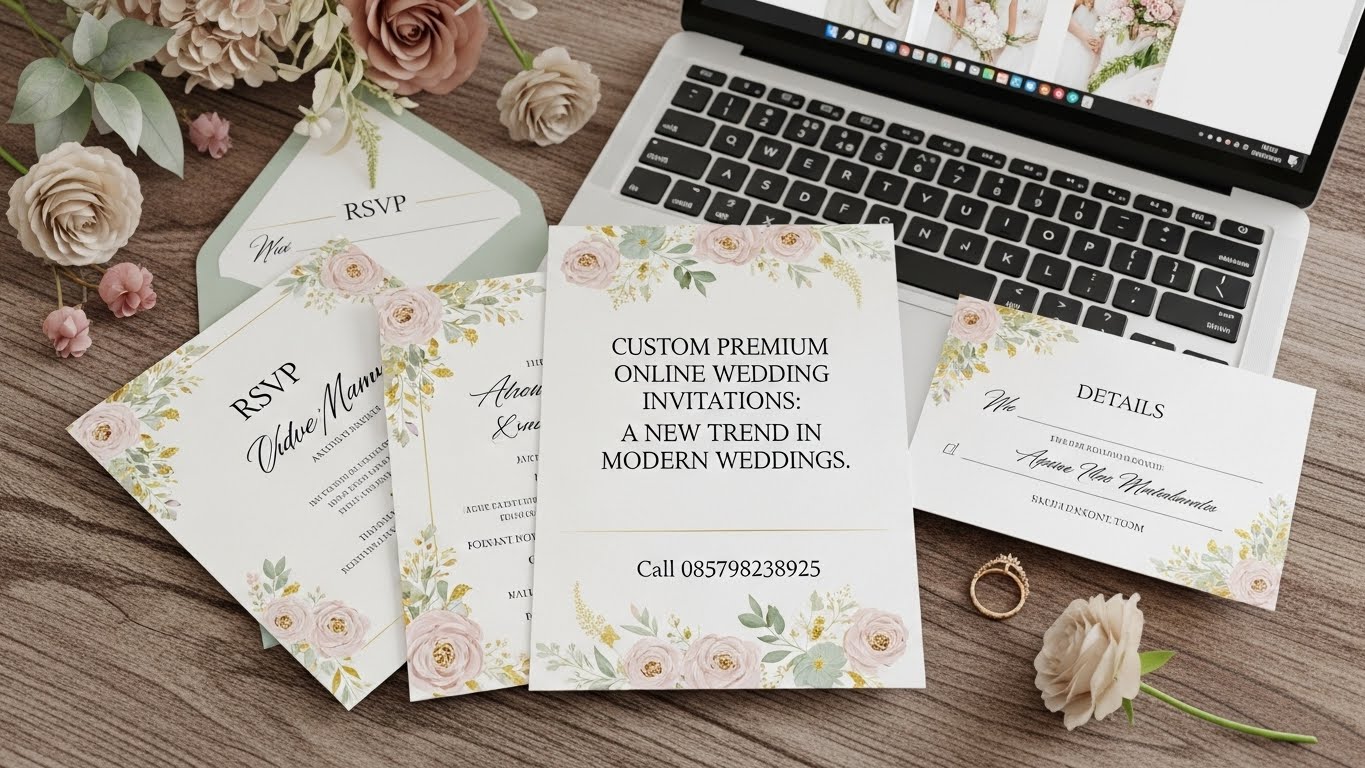 Undangan digital bunga mawar pastel tampil elegan di laptop & ponsel