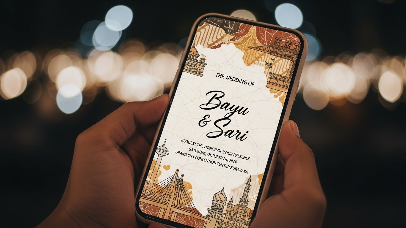 Kartu undangan fisik berdampingan dengan versi digital di layar.