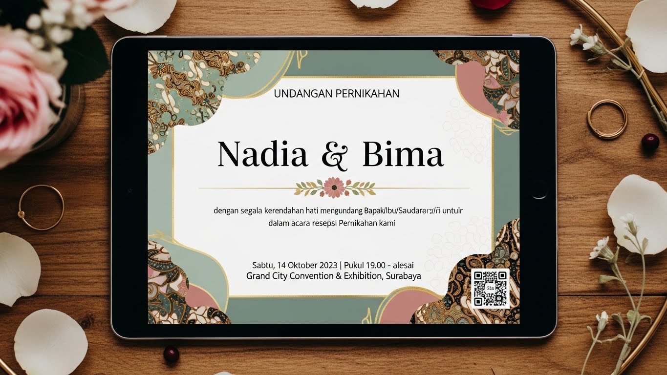 Detail kartu undangan dengan font serif elegan dan border emas.