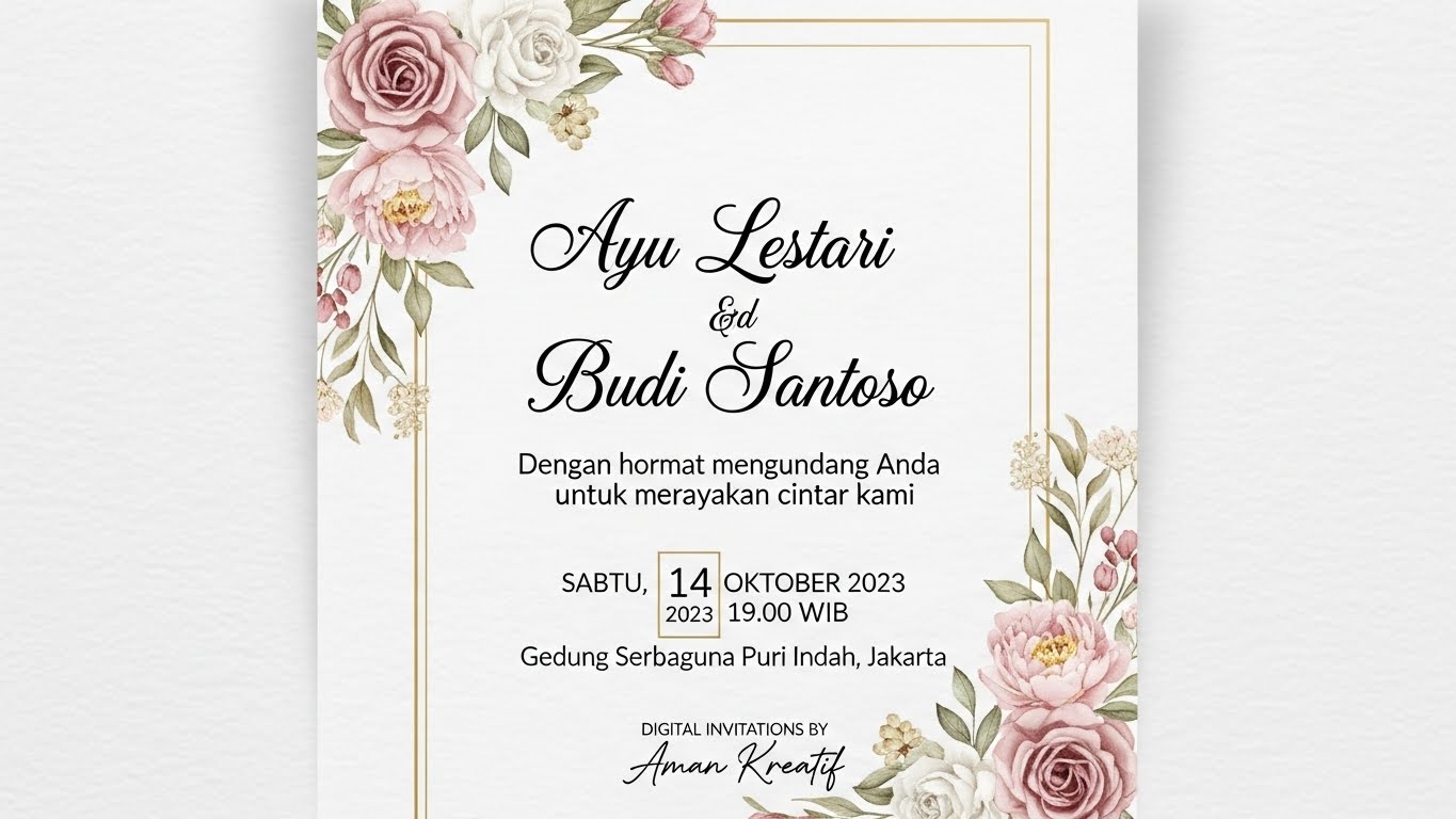 Undangan pernikahan bergaya bohemian dengan hiasan daun dan bunga liar