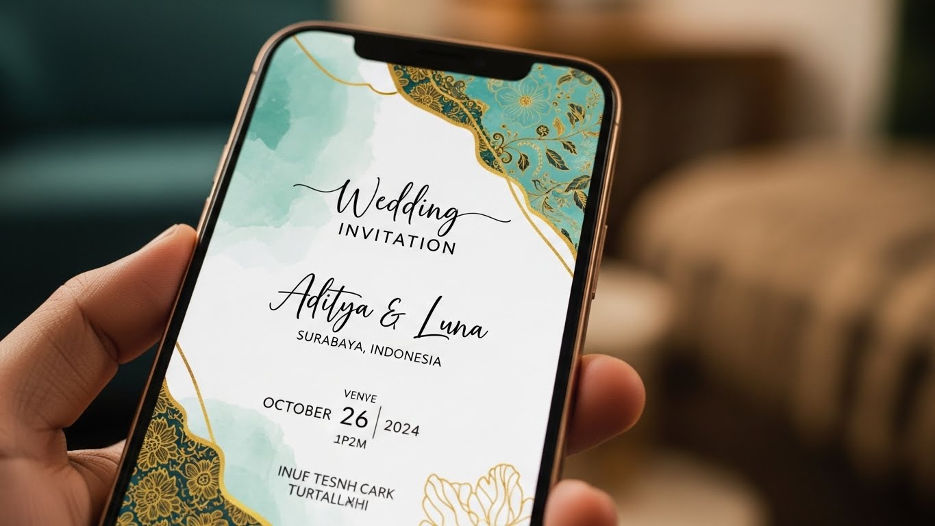 Ponsel menampilkan undangan dengan animasi transisi halus.