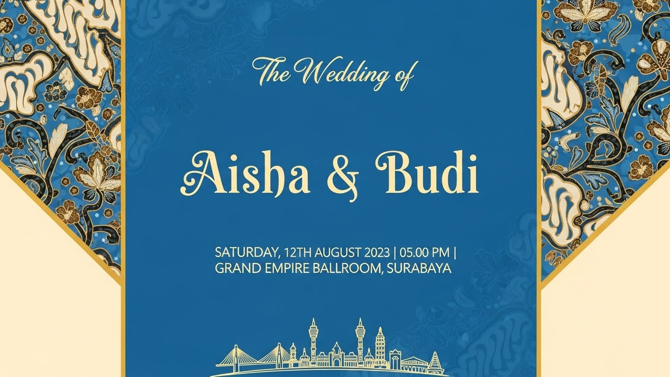 Ilustrasi bunga di sekeliling teks nama pasangan pengantin.