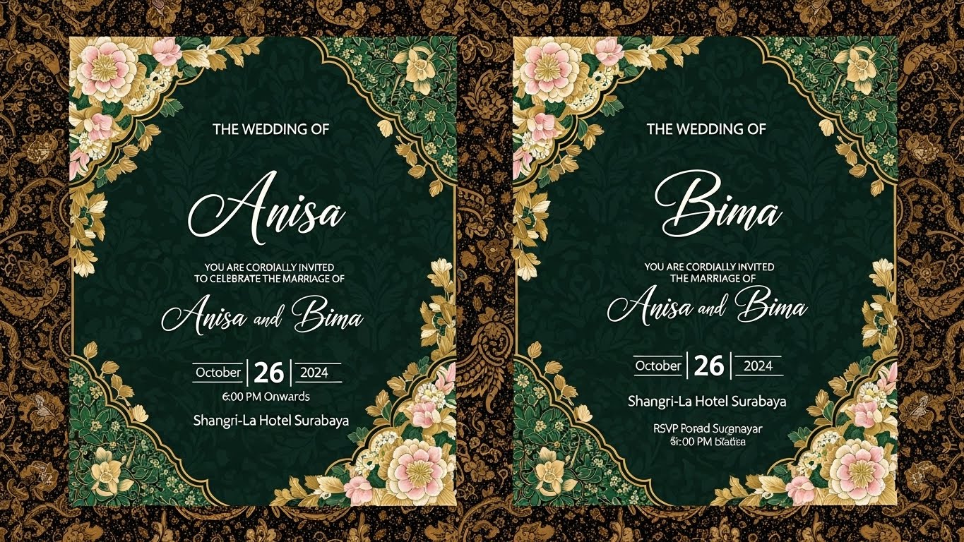 Bunga mawar buatan dan kelopak yang tersebar di sekitar undangan.