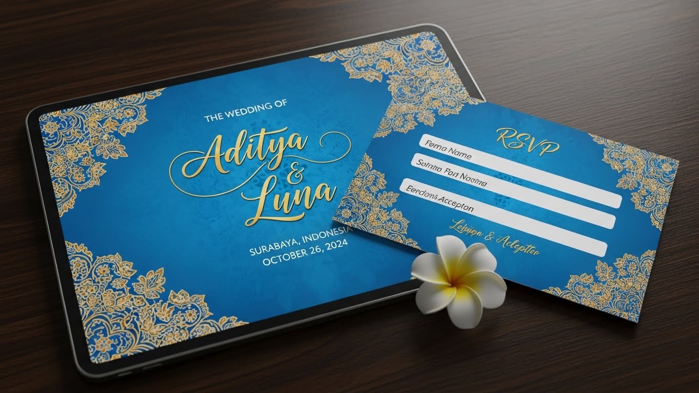 Undangan dengan gaya vintage dan font typewriter.