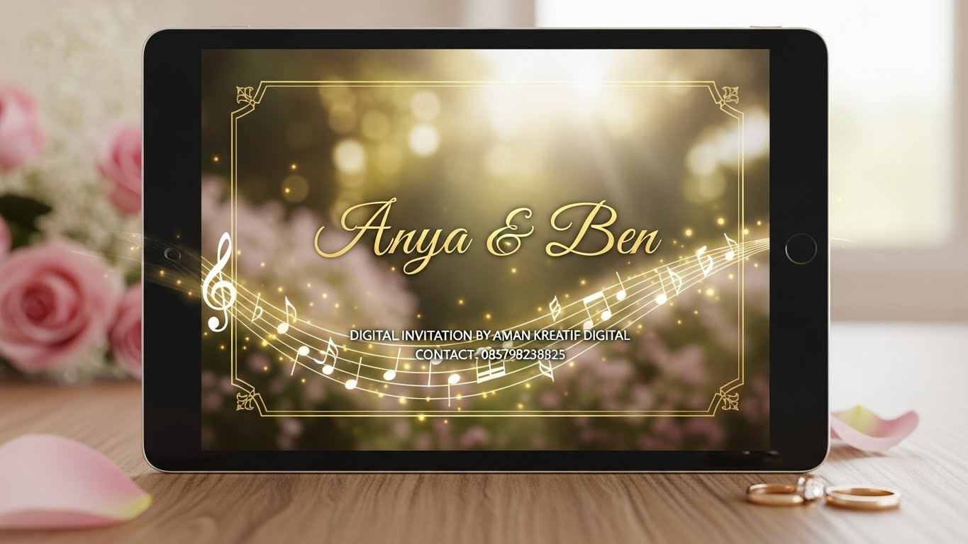 Kartu undangan dengan tulisan tangan dan bingkai daun hijau