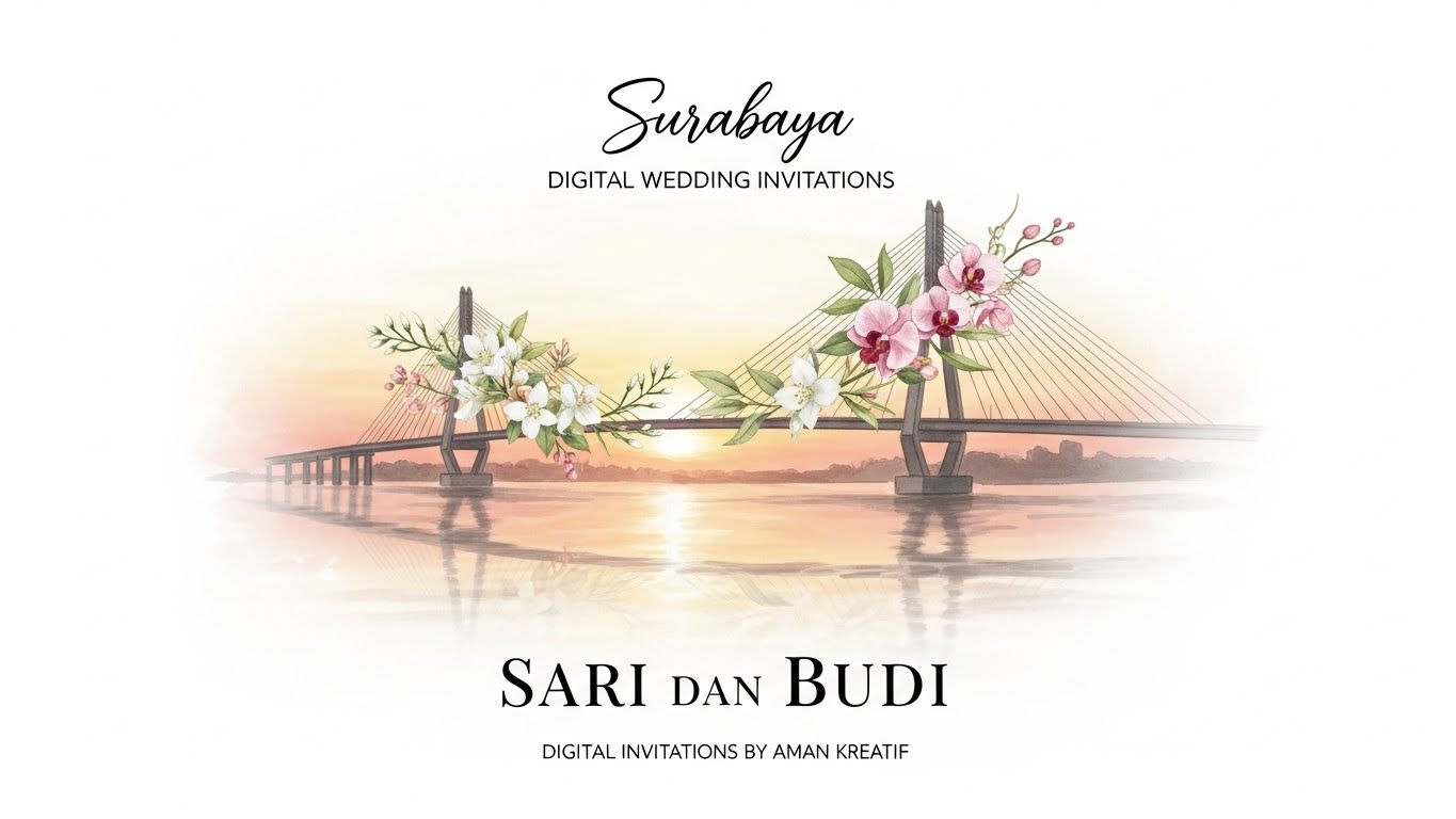 Undangan pernikahan vintage dengan ilustrasi bunga dan frame antik